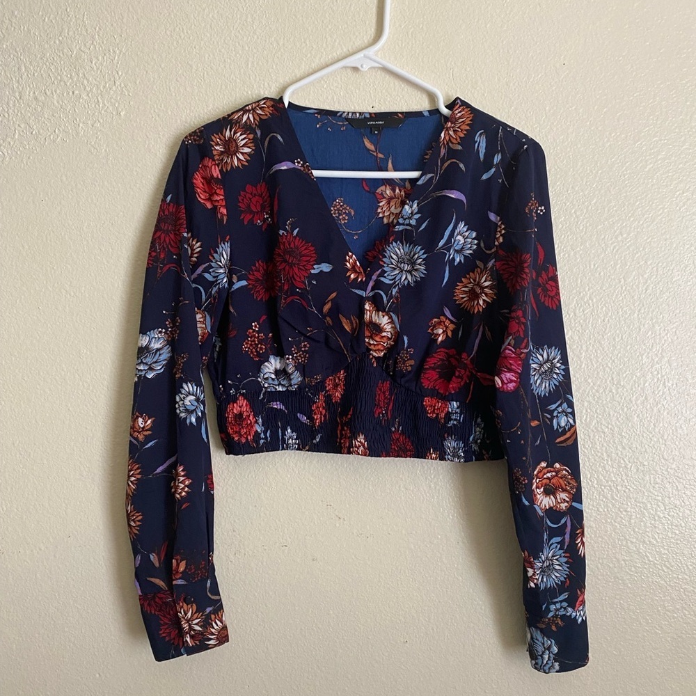 Vero Moda Navy Floral Long Sleeve Crop Top Size M